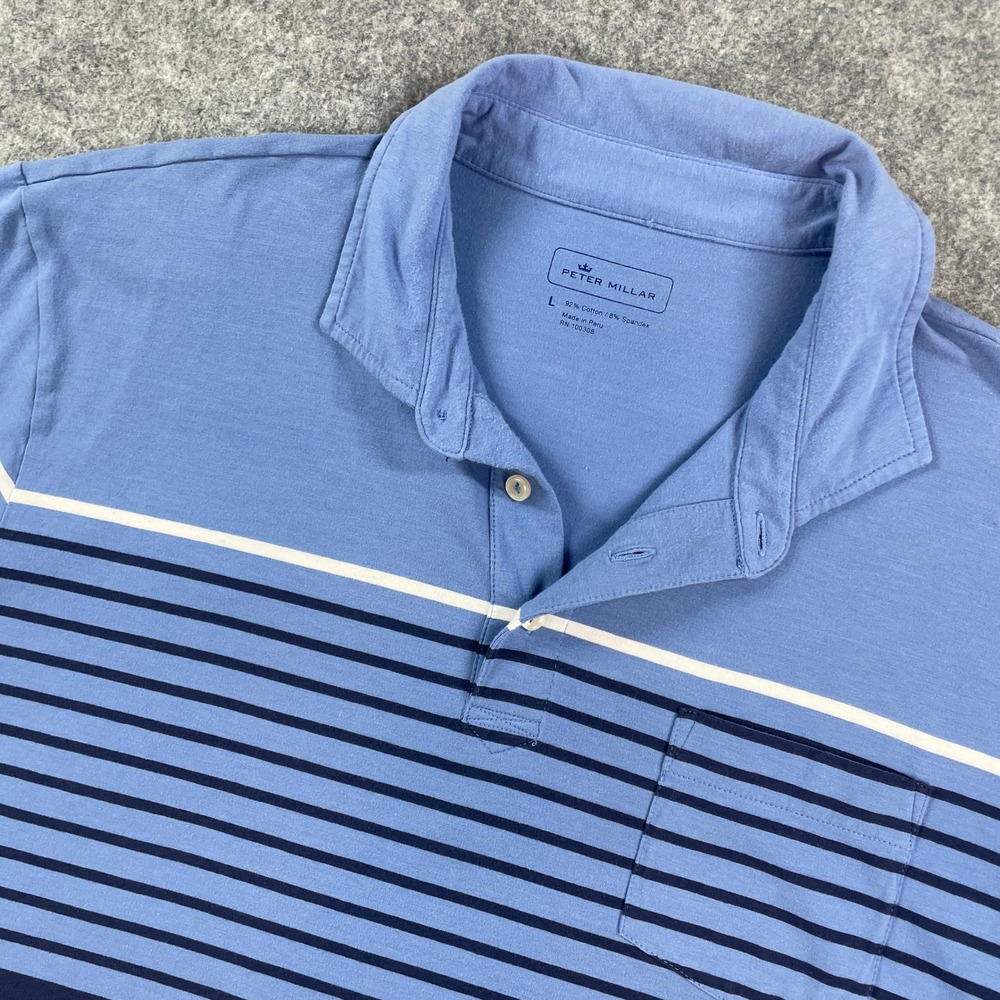Peter Millar Mens Polo Shirt L Blue Striped Stretch Short Sleeve